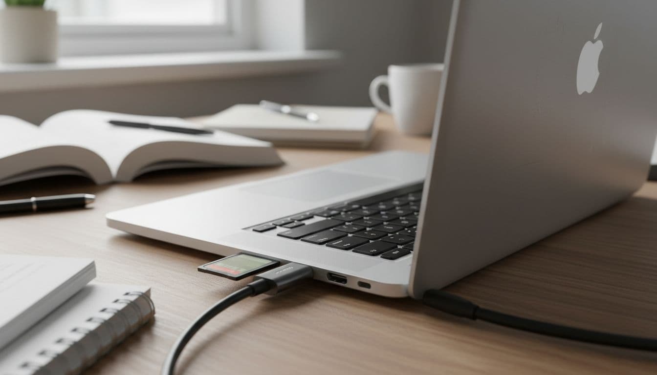 Photorealistic close-up of a refurbished MacBook with SD card reader and HDMI adapter connected, placed on a student's desk with books, soft natural light, focus on ports and card, high detail, no hands, text, logos, or watermarks.