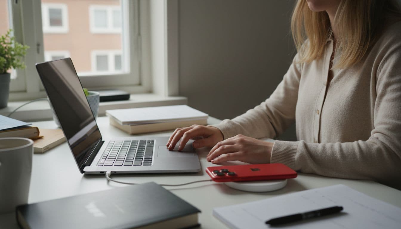 A 22-year-old Danish student works productively at a cluttered desk in an Aarhus student apartment, with a red refurbished iPhone 14 on a wireless charger next to a silver MacBook Pro, bathed in natural afternoon light.