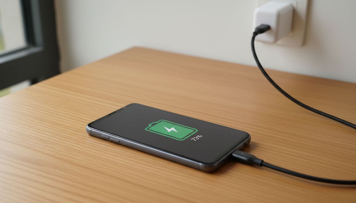 Photorealistic refurbished Samsung Galaxy smartphone charging on a wooden desk with USB-C cable connected to a wall adapter, screen showing rising battery level in natural light.