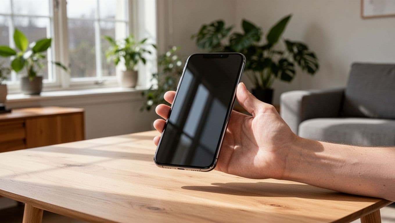 Photorealistic image of a refurbished Samsung Galaxy S23 phone held naturally by a hand on a light wooden table in a minimalist Danish living room with soft natural light and green plants in the Nordic background.