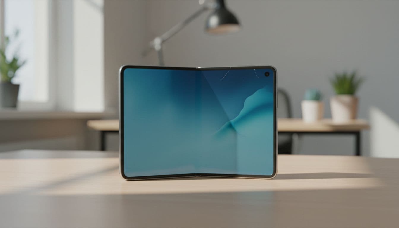 Open refurbished Samsung Galaxy Z Fold6 with subtle wear on light wooden table in office under soft daylight.