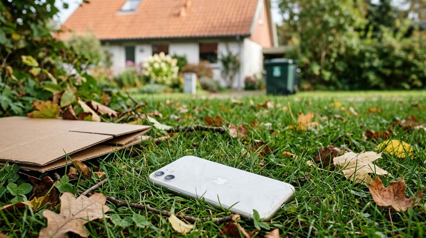 A photorealistic refurbished white iPhone 11 lies on fresh grass outside a Danish house, near a recycling container under soft natural sunlight, emphasizing sustainability and everyday reuse.