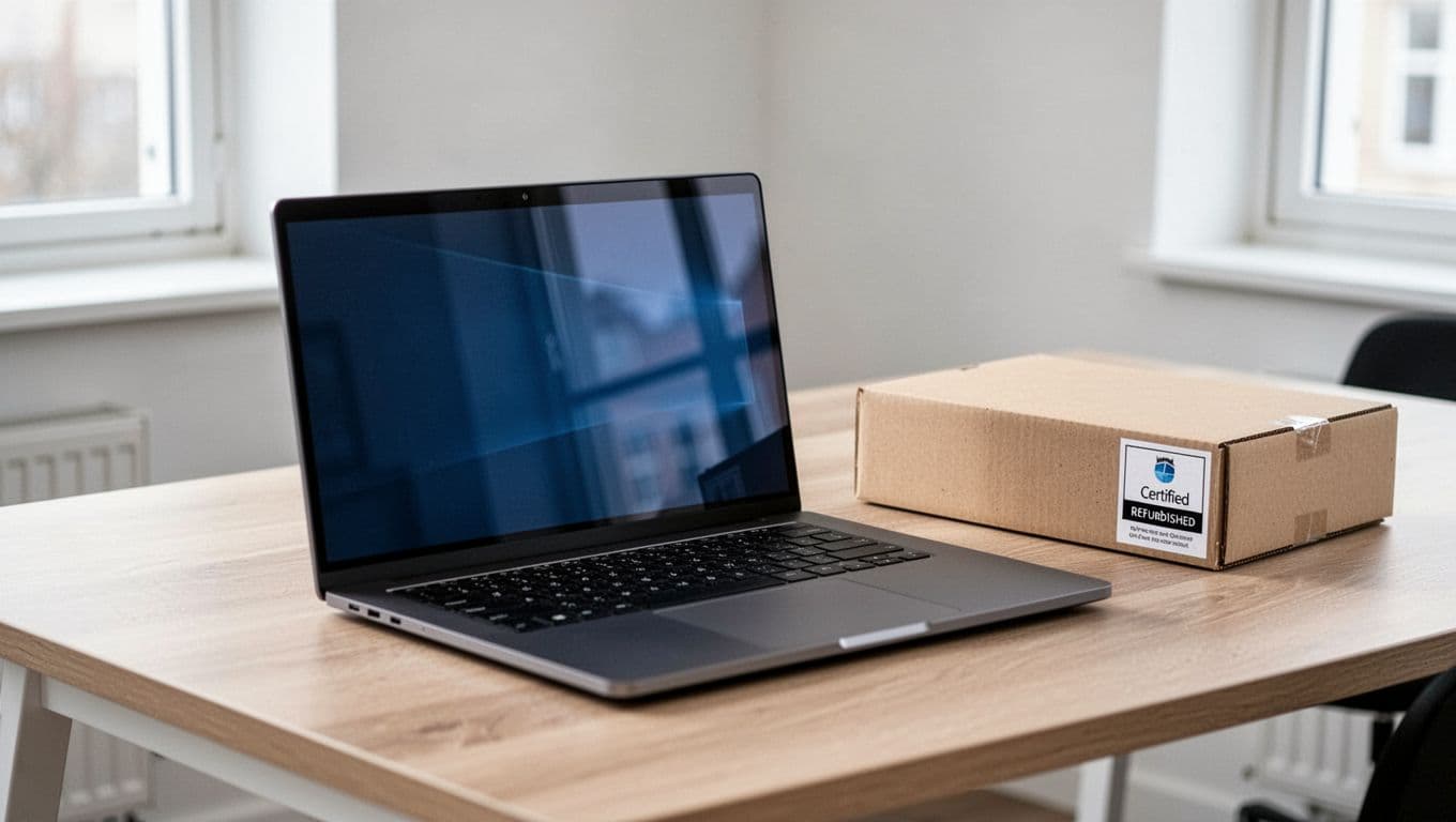 Photorealistic editorial photo of a refurbished Windows laptop open on a light wood desk in a bright Scandinavian office, with a small certified refurbished tag on the nearby box and soft daylight illumination.