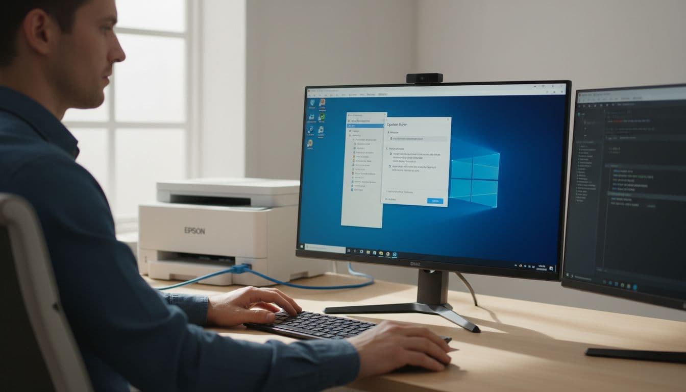 Photorealistic scene in a bright office where a person reinstalls an Epson printer driver using Device Manager on a Windows 11 PC, with hands typing in PowerShell to reset the scanner service and the printer connected via network cable in the background.