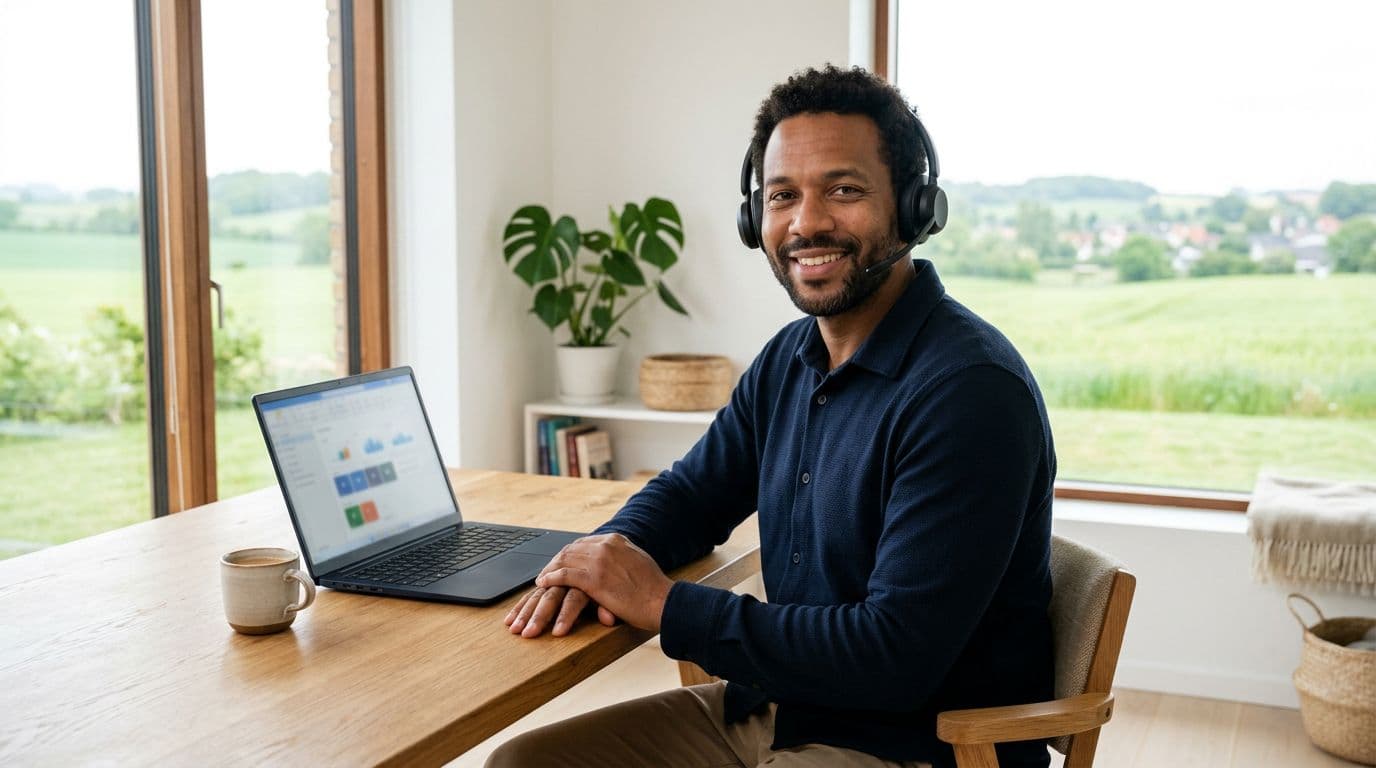 A 35-45 year old man in business casual shirt sits relaxed at a wooden desk in a cozy Danish home office featuring plants, a large window with green fields view, open laptop with blurred productivity screen, headset for remote support, and coffee mug nearby. Landscape composition in minimalistic high-contrast Scandinavian style with soft natural morning light.