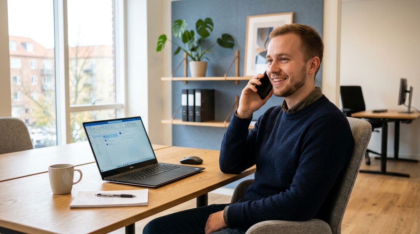 Photorealistic image of a single employee in a small modern Danish office, sitting at a desk with a laptop displaying a generic Microsoft 365 app, holding a phone to their ear with a relieved expression during remote IT support.