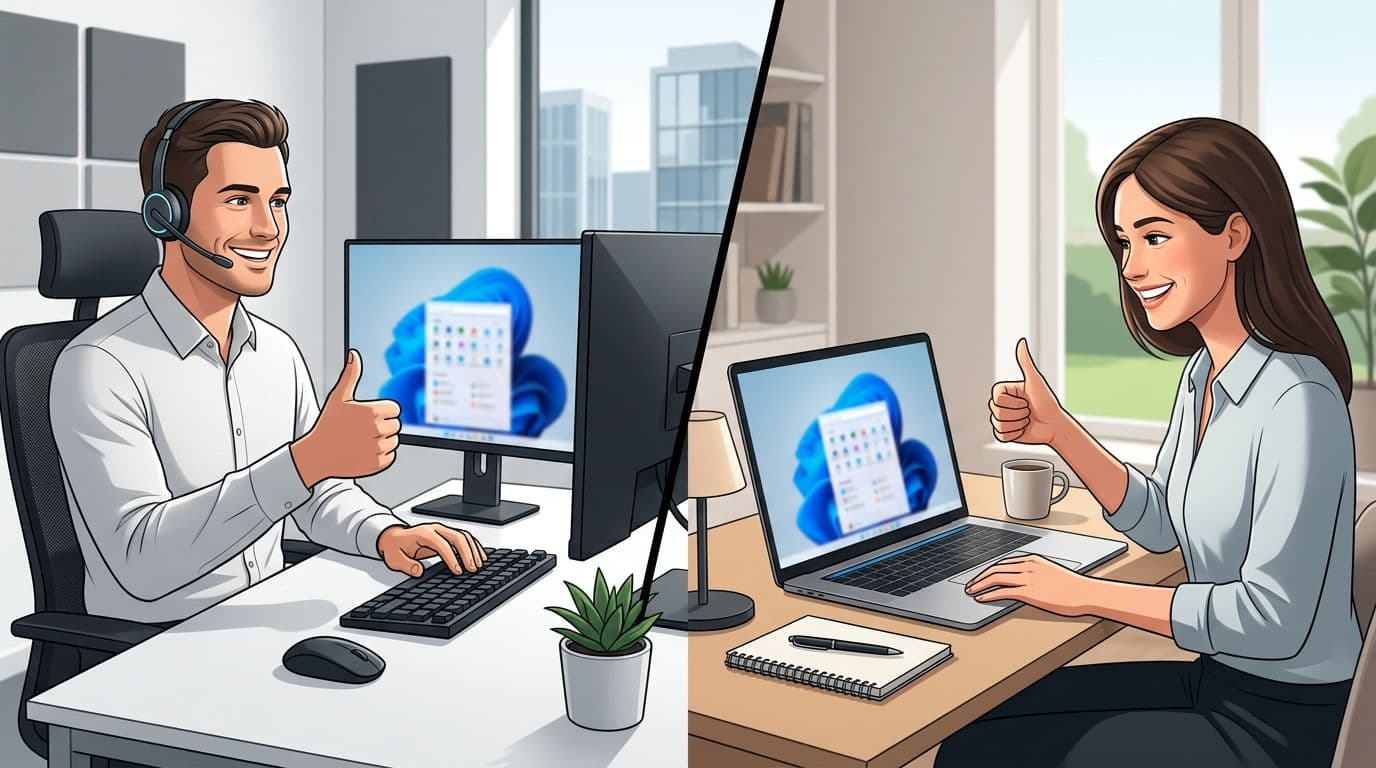An IT expert at a desk with headset provides remote support to a smiling SMB employee in a home office via a blurred Microsoft 365 interface, culminating in a happy thumbs-up resolution. Split composition in clean Scandinavian corporate style with minimalistic high-contrast design and electric blue screen accents.