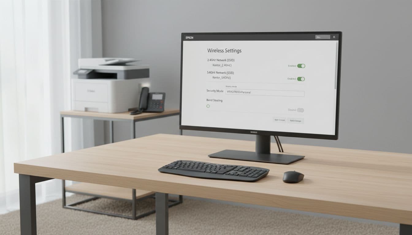 Photorealistic image of a router administration interface on a computer screen in a modern Danish office, displaying separate 2.4 GHz and 5 GHz SSIDs, WPA2/WPA3 security, and no band steering, with an Epson printer and phone in the background.