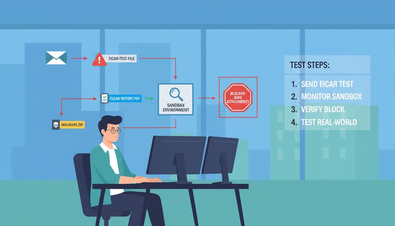 IT-medarbejder i Århus/Lystrup tester Safe Attachments med EICAR-fil og realistiske email-vedhæftninger i en professionel kontorstemning. Minimalistisk illustration viser flowet: Email med EICAR → Sandbox → Blocked, med ikoner for testfil, clean PDF og malware ZIP samt overlay med testtrin.