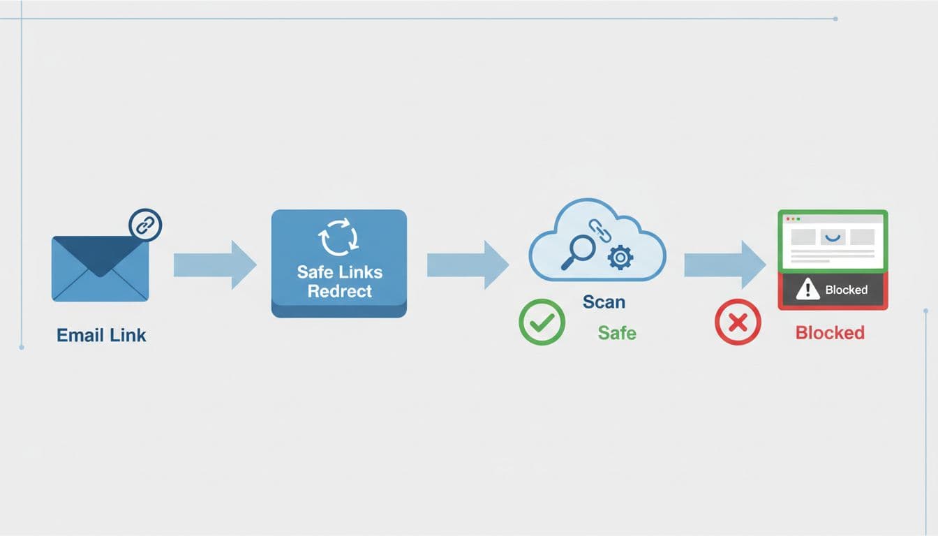 A modern flat infographic illustrating the Safe Links email link protection process, from email link to scanning and safe or blocked outcomes.