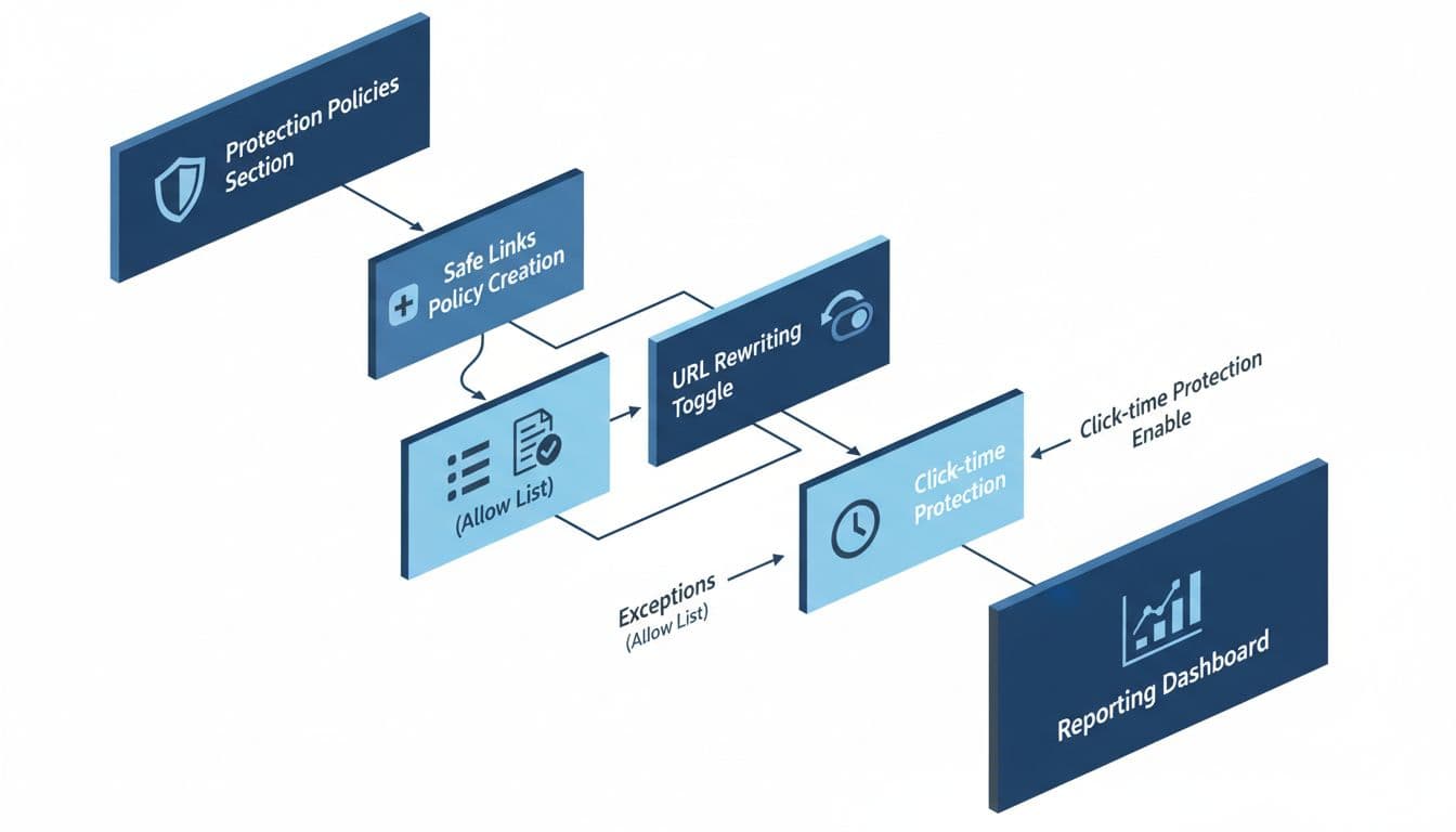 Modern clean flat isometric infographic in blue and gray security colors depicting Safe Links policy setup, including protection policies, creation, exceptions, URL rewriting, click-time protection, and reporting dashboard with flow arrows.