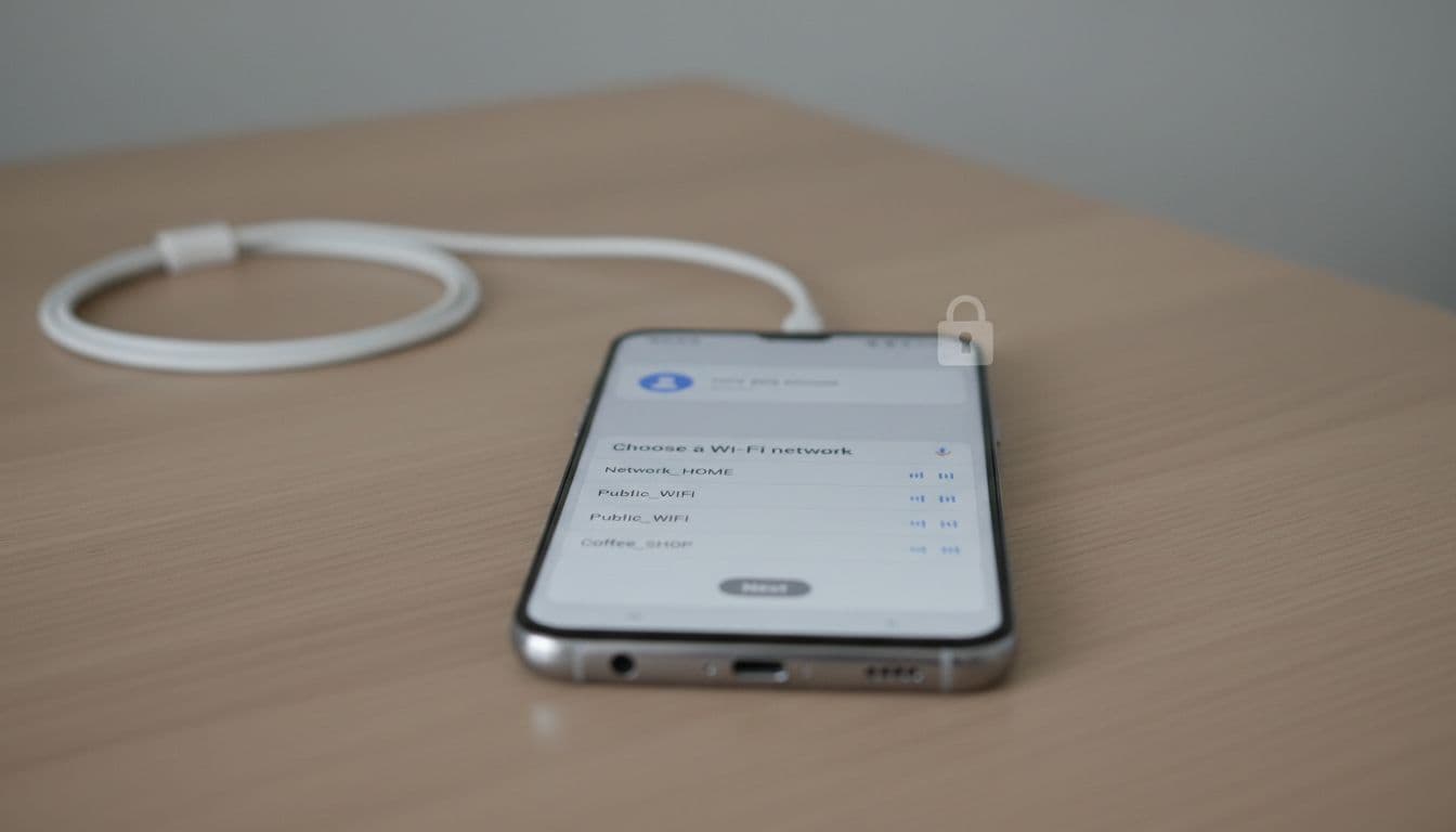 Photorealistic image of a Samsung smartphone on a table showing the post-factory-reset setup screen with WiFi selection and Google account prompt indicating FRP lock, neutral lighting, no text, hands, people, logos, or watermarks.