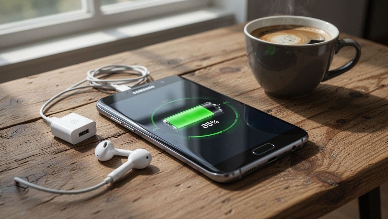 Photorealistic lifestyle photo of a Samsung Galaxy smartphone on a wooden table with natural window light, next to a charger cable and coffee cup, screen showing generic battery percentage indicator with high detail on reflections and shadows.