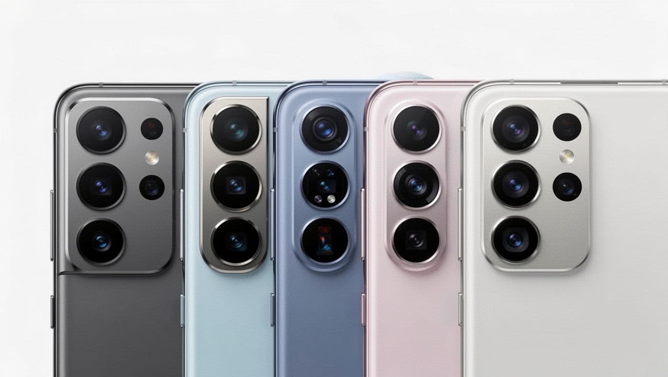 Photorealistic close-up of Samsung Galaxy S21, S22, S23, and S24 camera modules side by side, front view with natural reflections, visible ultra-wide, wide, and tele lenses, soft daylight, white background, high detail macro product photo.