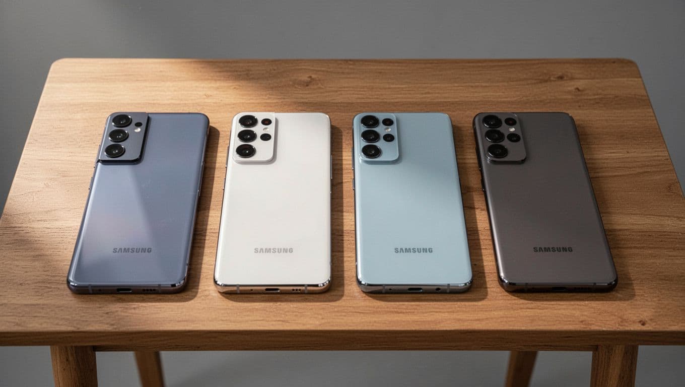 Photorealistic top-down view of four Samsung Galaxy phones (S21, S22, S23, S24) on a simple wooden table, each rotated to show front and back, focusing on camera modules and design differences in natural light with neutral gray background.