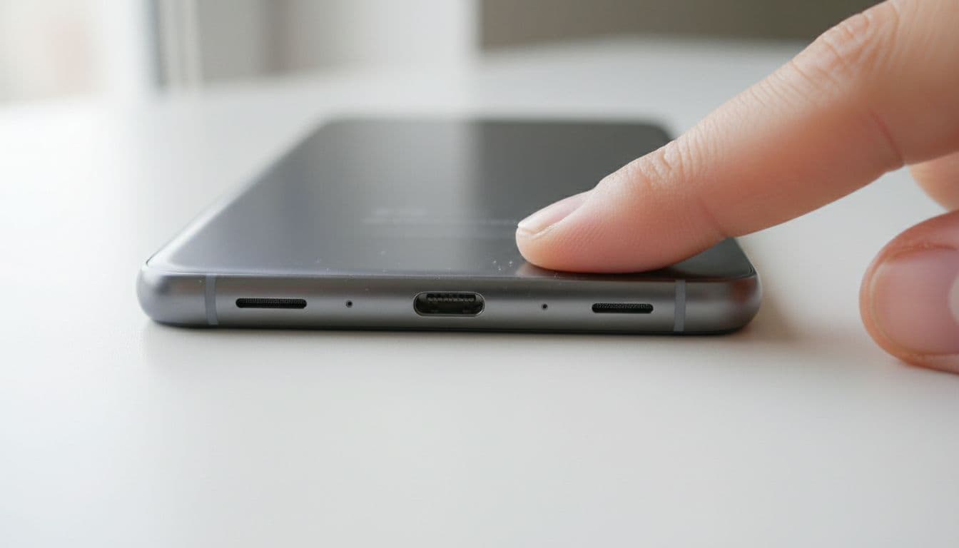 Photorealistic close-up of the USB-C charger port on the bottom of a refurbished Samsung Galaxy smartphone, with a single finger gently pointing to inspect for dust or damage on a clean white desk under soft natural light.