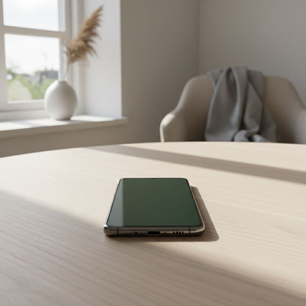 A clean Samsung smartphone sits on a light wooden table bathed in natural window light.