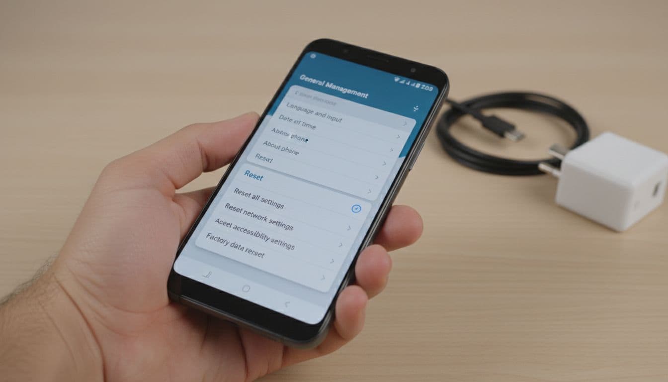 Photorealistic side view of a Samsung smartphone held in a hand on a simple table, screen displaying general management menu with reset options, neutral lighting, USB cable in background.
