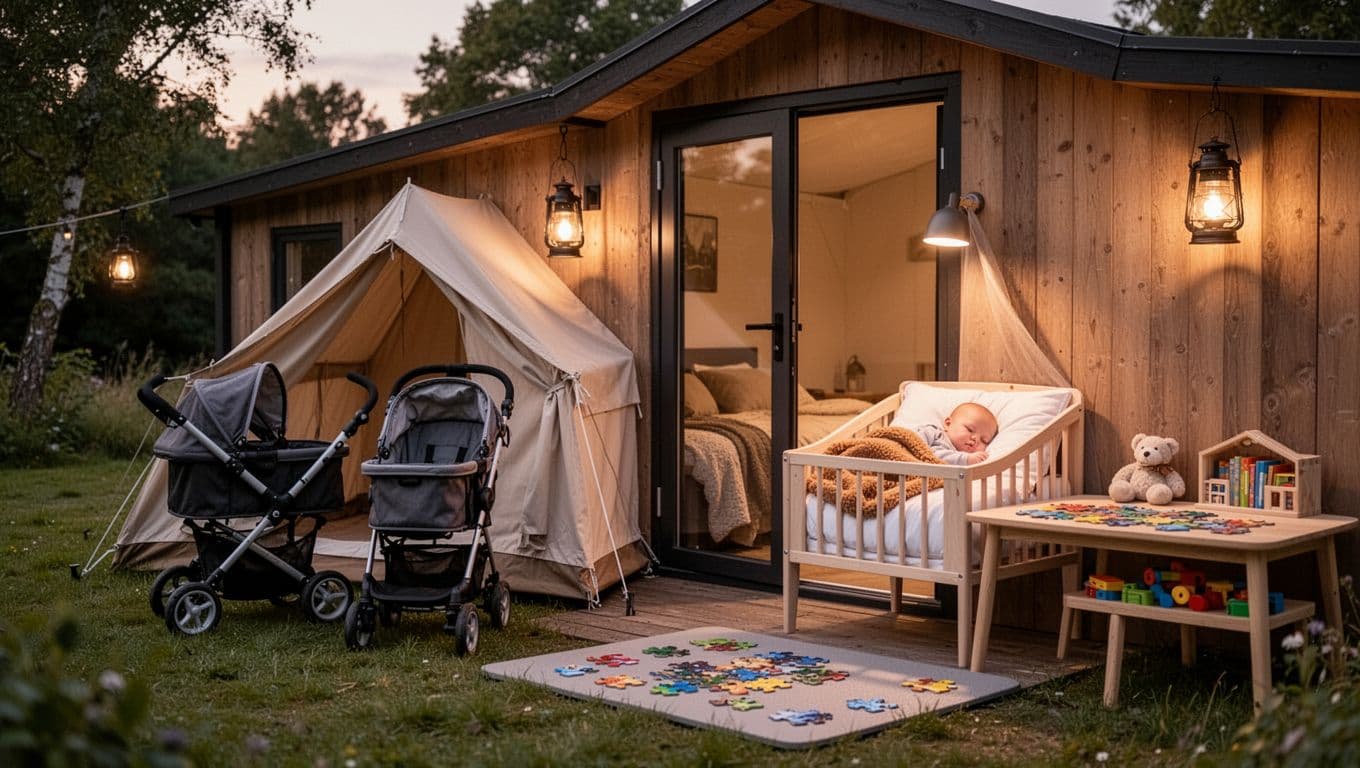 Photorealistic image in warm Scandinavian style of a modern camping cabin with awning in Denmark, featuring a stroller at the entrance, sleeping baby in travel crib under warm duvet, and changing corner inside. Evening light illuminates hanging lanterns, green grass, trees, and calm nature atmosphere, focusing on sleep and baby care in camping environment.