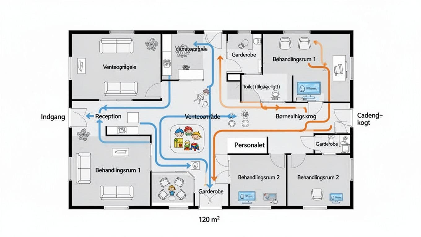 A clean, minimalist 2D top-down floor plan for a 120 m² clinic with child-friendly waiting nook, separate staff entrance, Danish labels, color-coded flows, and simple icons on white background.