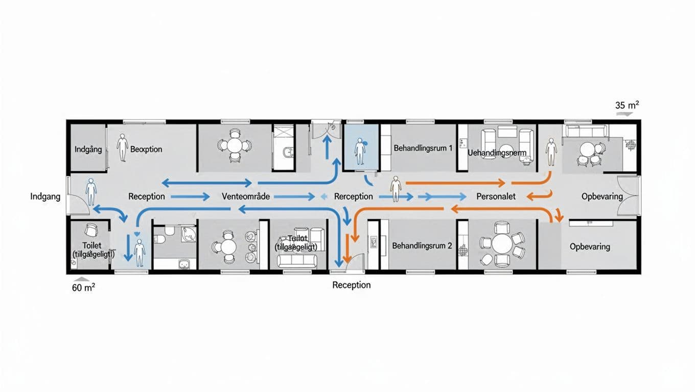 Clean 2D top-down floor plan of a corridor-style clinic with separate patient (blue) and staff (orange) flow lines, Danish labels, furniture icons, and area notes on a white background.