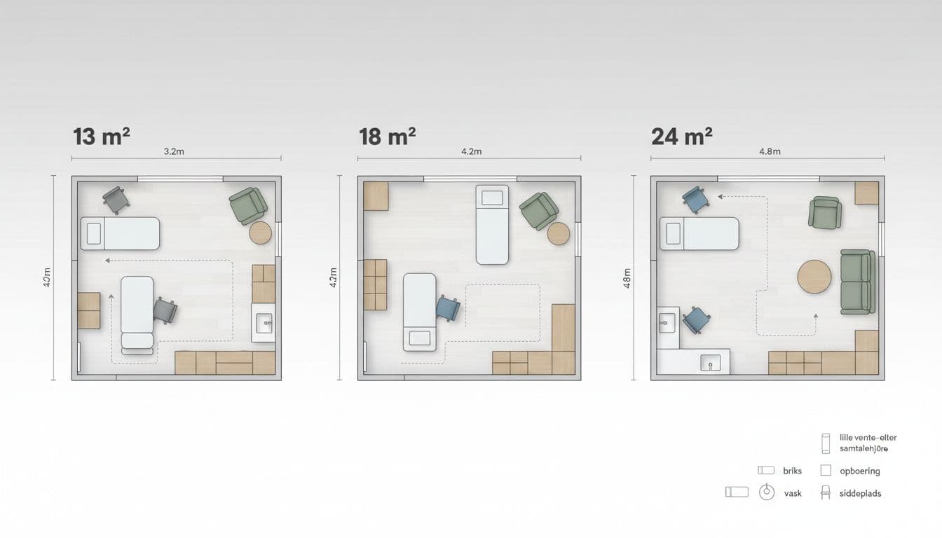 Clean Scandinavian-style infographic comparing top-down floor plans of clinic rooms sized 13 m², 18 m², and 24 m², featuring treatment beds, chairs, sinks, storage, seating corners, dimensions, walking paths, and legend with Danish labels.