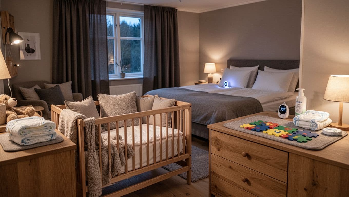 Photorealistic image in warm Scandinavian style of a calm, bright family room in a Danish hotel, featuring a crib with soft textiles, changing station on a dresser with diapers and cream, blackout curtains over a large window, night light by double bed, and baby monitor.