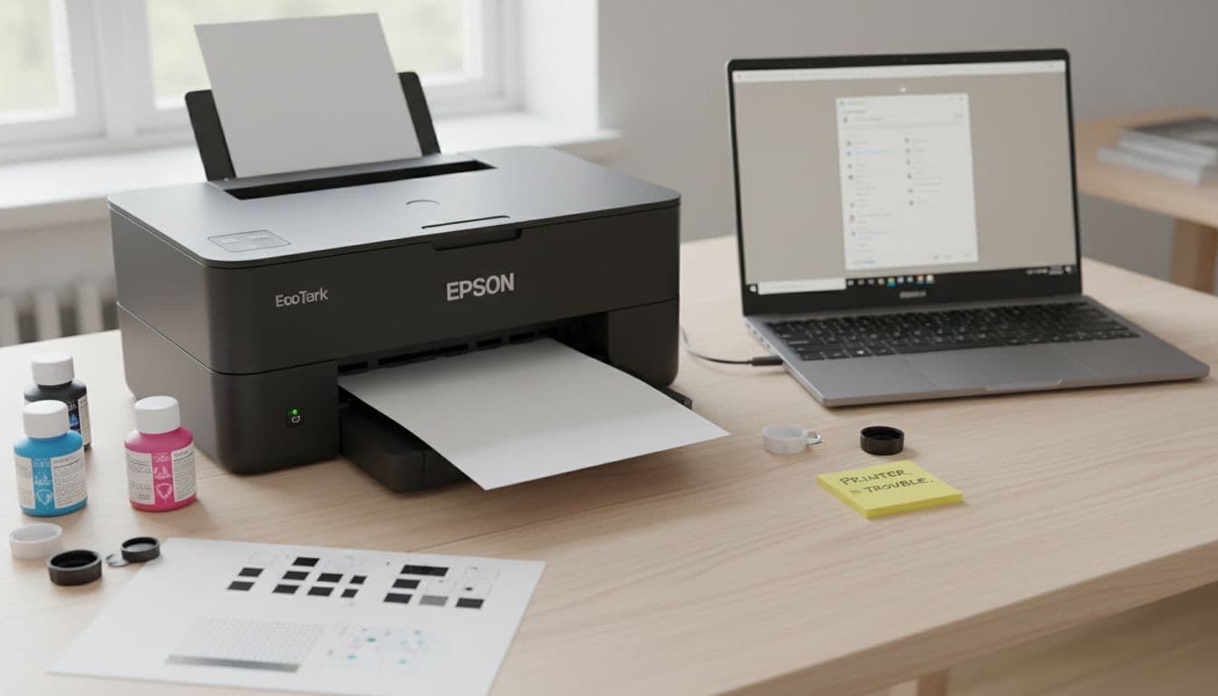 Photorealistic image in natural light of a Scandinavian home office featuring an Epson inkjet printer outputting a blank white A4 paper, a Windows 11 laptop showing generic printer settings, open ink cartridges, a nozzle check pattern with missing lines, and a handwritten Post-it note.