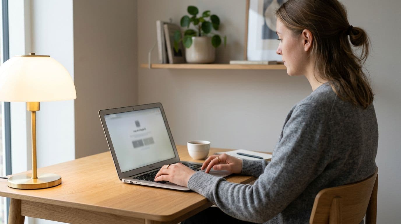 Photorealistic image in modern Scandinavian style of a young person sitting at a MacBook in a home office, logging out of iCloud/Apple ID with a slightly blurred screen, hands resting on keyboard, natural lamp lighting, and neutral background wall.
