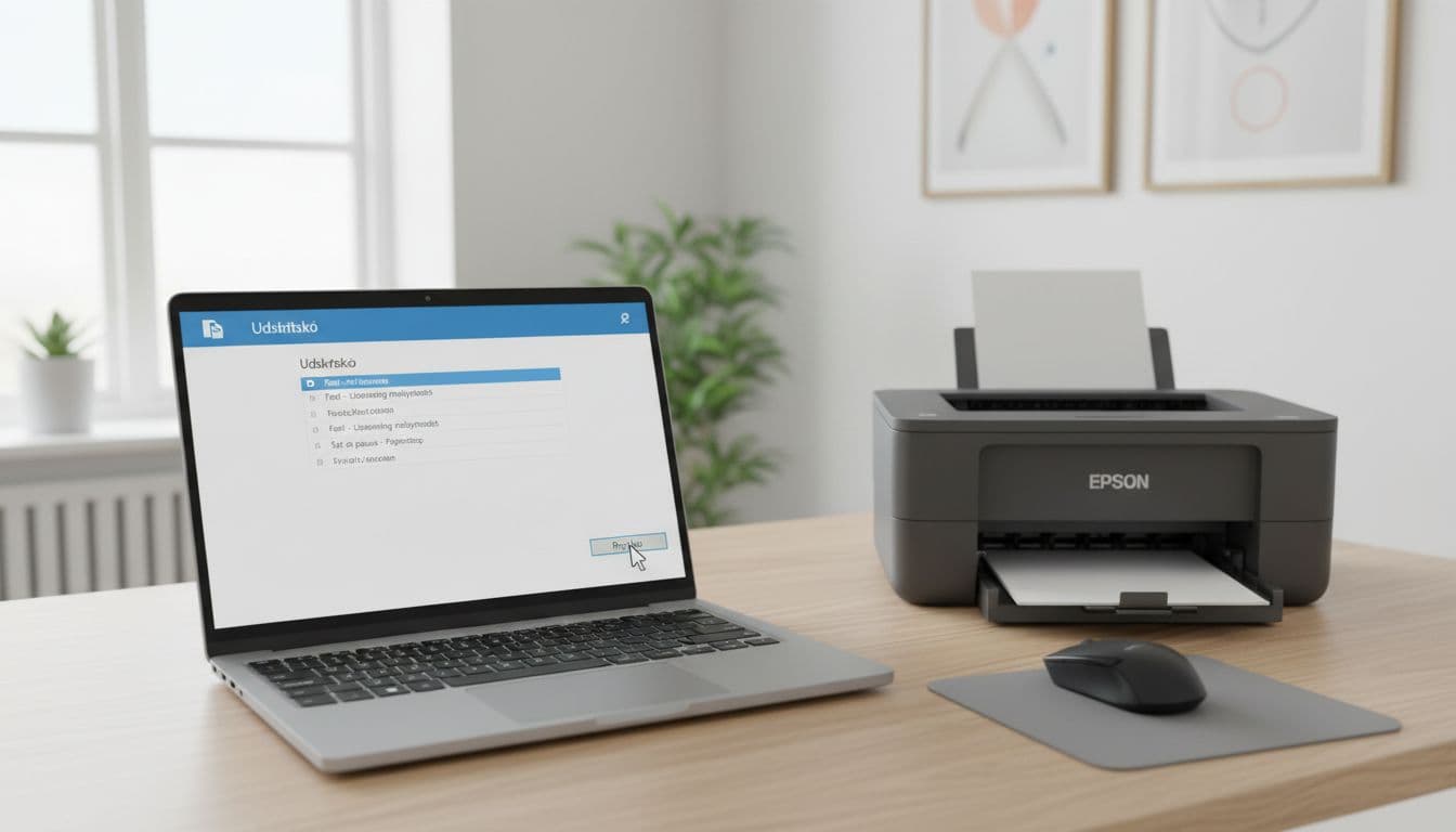 Photorealistic image of a Windows 11 laptop in a Scandinavian home office displaying a generic print spooler interface with queued jobs showing errors, mouse pointing to 'Clear Queue' button, next to an Epson printer and stack of A4 paper.