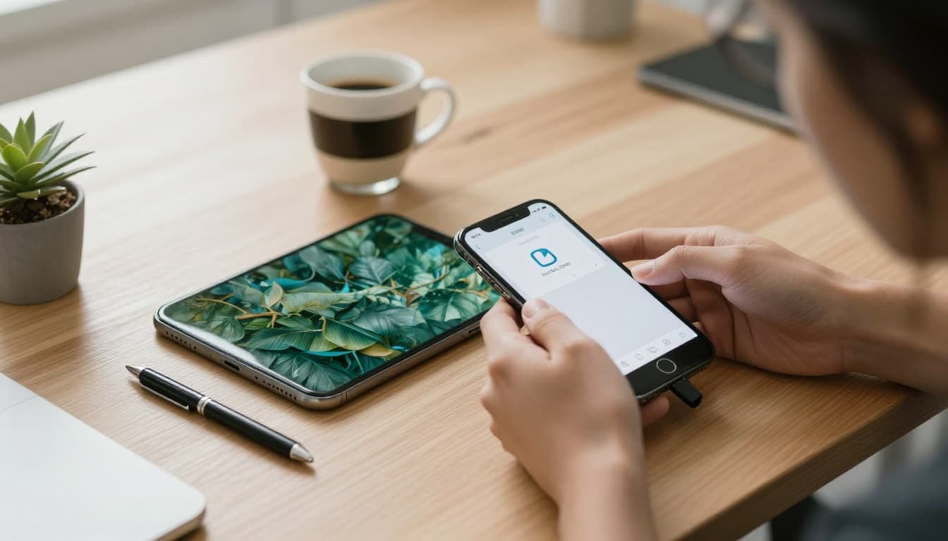 Photorealistic Scandinavian home office scene with hands on a light wood desk, showing a refurbished iPhone receiving data via a simple iCloud icon, old iPhone in background, wireless charger, green plant, coffee, and natural sunlight for a relaxed vibe.