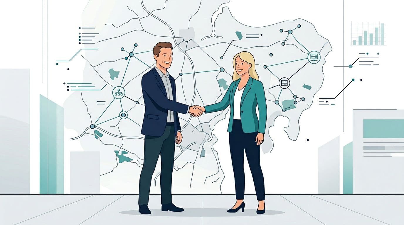 Minimalist Scandinavian corporate vector illustration of two professional IT experts shaking hands confidently in front of a subtle map of Aarhus, Randers, and Lystrup areas with network icons, using navy, teal, and light gray tones for a calm, trusting mood.