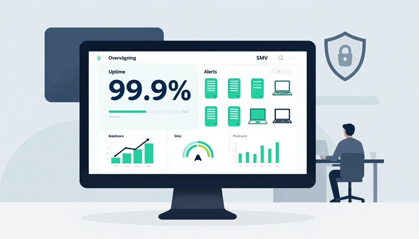 Illustration af IT-overvågningsdashboard med uptime, alerts og sikkerhedsskjold