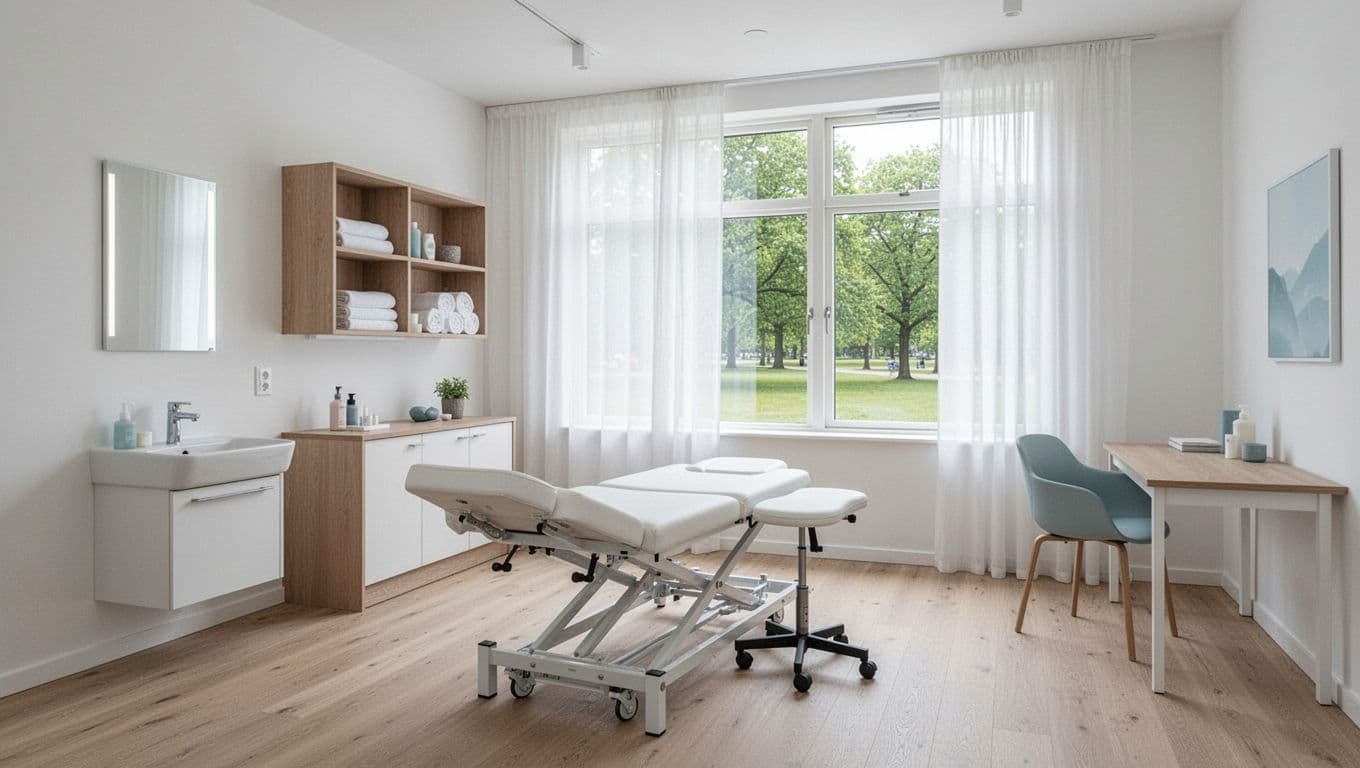 Bright modern empty clinic room in clean Scandinavian style for physiotherapist or psychologist, with treatment bed, sink cabinet, shelves of towels, desk, and large window to green park.