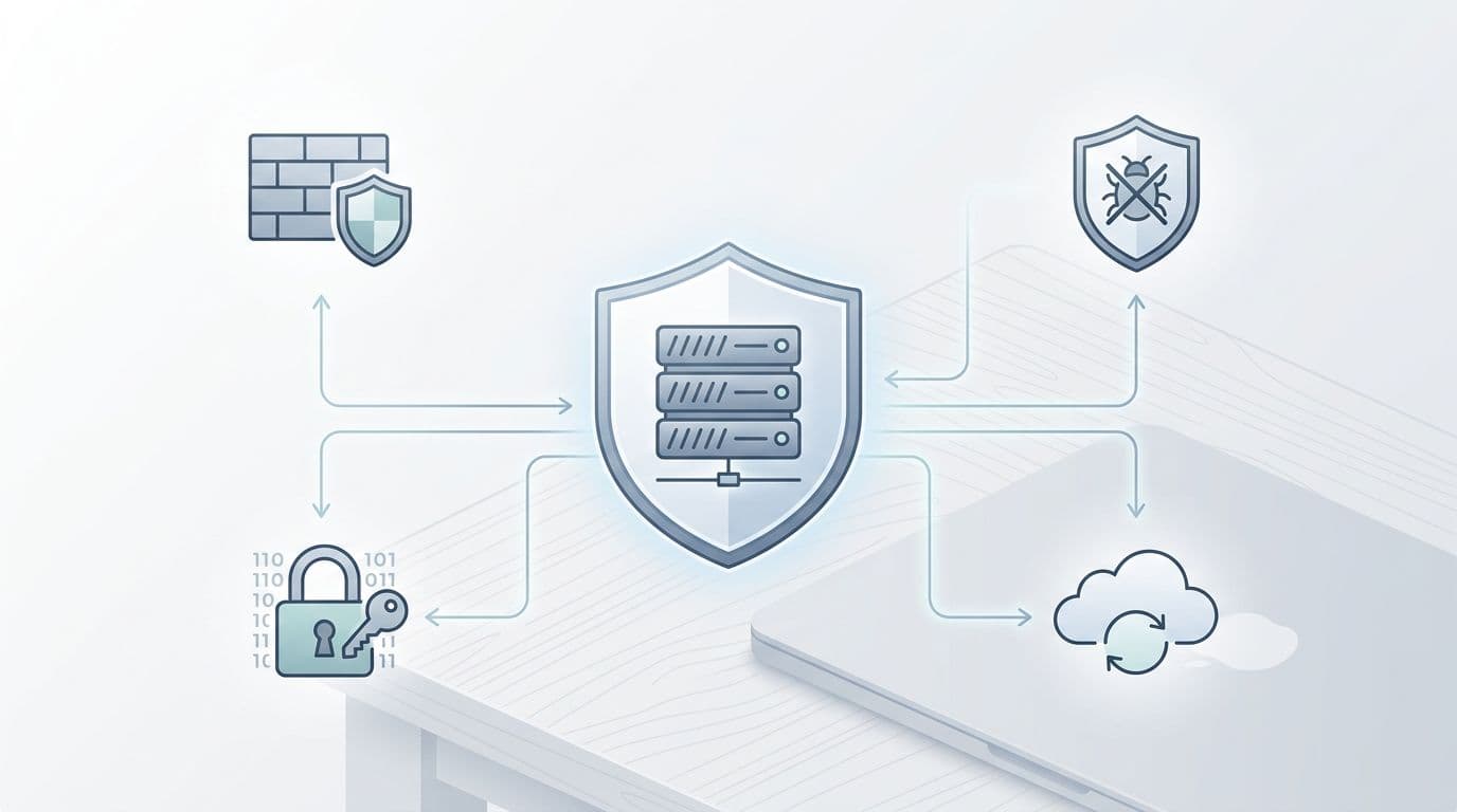Clean vector illustration of a central shielded server connected to firewall, antivirus, encryption, and cloud backup icons, on a subtle office desk with laptop, in neutral blues and greys with ample whitespace.