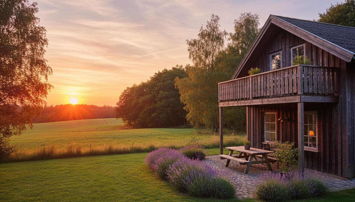 Træ-feriehus med altan i grønne omgivelser nær Slagelse i varmt aftenslys.