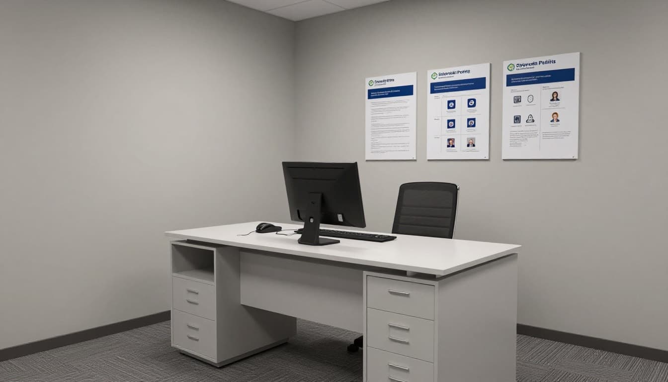 Photorealistic image of a professional treatment room in a coworking space, optimized for confidential conversations with clean desk policy, locked drawers, security posters, access control, sound-absorbing panels, and neutral colors.