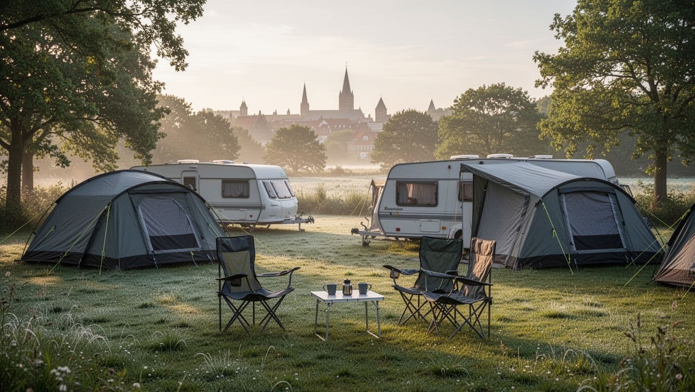 Photorealistic image of a small calm campsite in green surroundings near a Danish provincial town, with tents, a caravan on dewy grass in morning light, camping chairs, and a table with coffee cups in the foreground. Discrete city silhouette in the background amid trees and open landscape, conveying peace and tranquility with no people or vehicles.