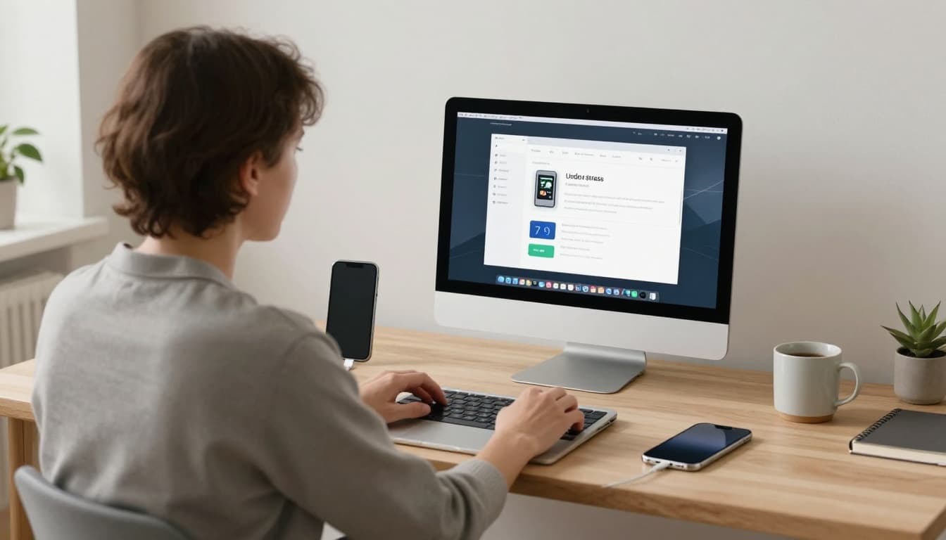 Photorealistic modern Scandinavian home desk with open MacBook showing simple backup screen, refurbished iPhone connected via USB-C to older iPhone, cheap coffee, and notebook. Only hands visible, calm no-stress atmosphere, natural light, soft bokeh background.