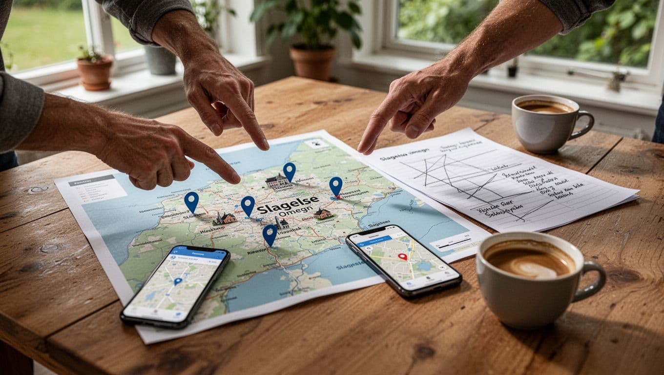Photorealistic overhead view in a cozy living room showing hands pointing at a printed map of Slagelse with attraction markers, a paper plan with notes, blurry phone map app, and coffee cup on a wooden table bathed in natural daylight.