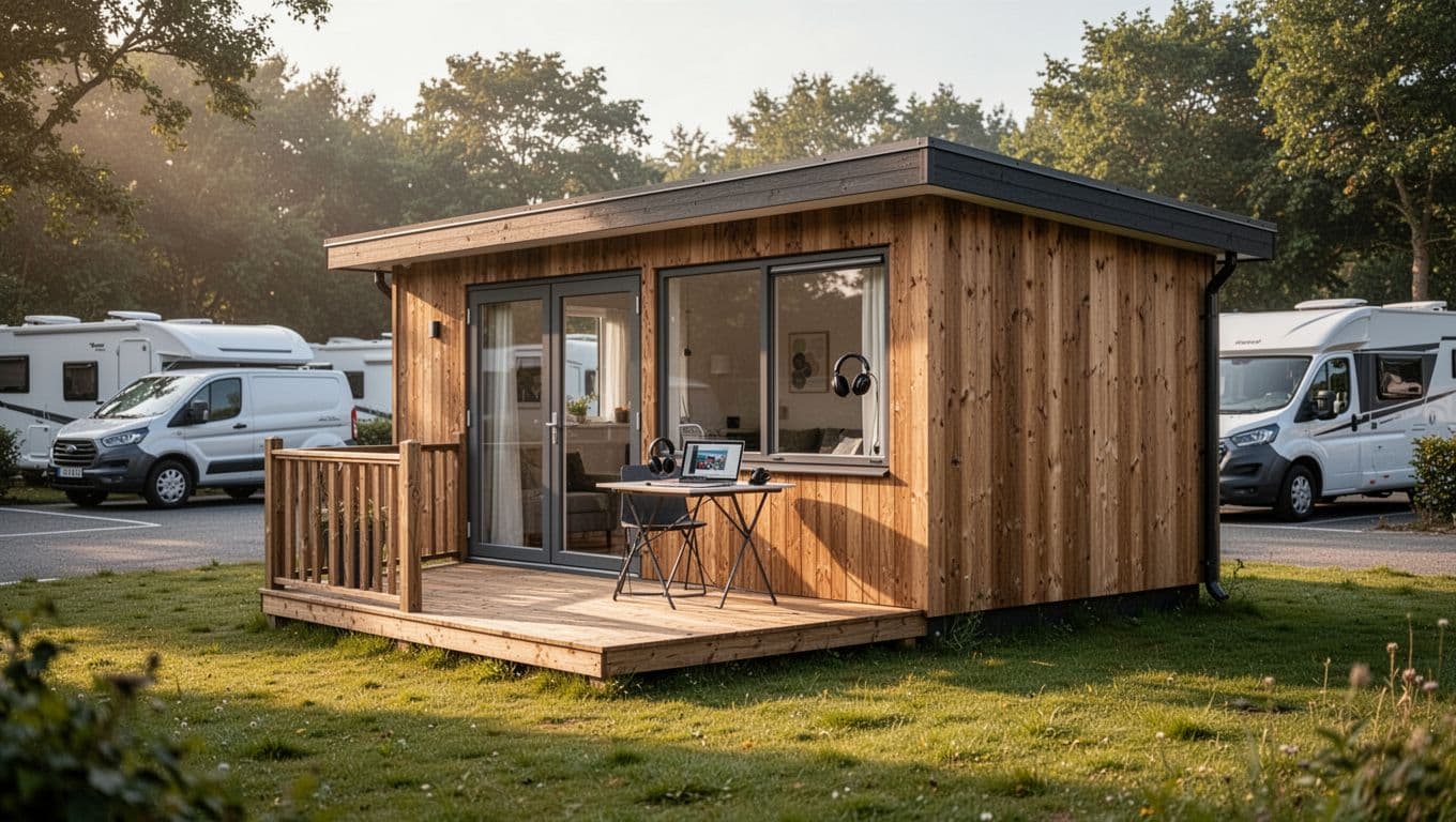 Photorealistic image of a compact wooden camping cabin on a peaceful campsite near Slagelse, illuminated by soft morning light, with a terrace, nearby parking for car or van, and a laptop with noise-cancelling headphones visible inside through the window.