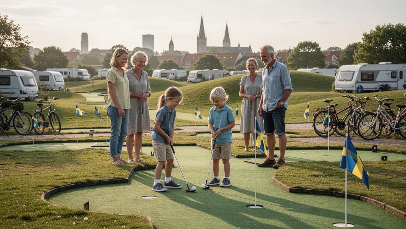 Photorealistic documentary scene of two young children playing minigolf on an 18-hole course near Slagelse camping site, with smiling parents watching during a sunny afternoon amid green hills and a cozy family atmosphere.