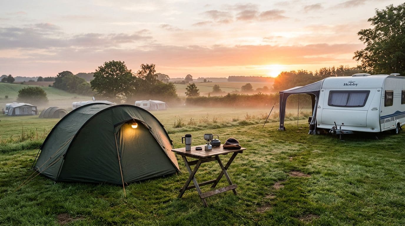 Photorealistic image of a serene campsite near Slagelse at dawn, with a tent and camper illuminated by a lit lantern, a thermos on an outdoor table, light mist over the grass, and warm tones from the rising sun.