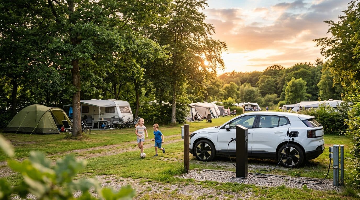A photorealistic Danish campsite near Slagelse features an electric vehicle charging at a Type 2/CCS station, with tents and a caravan in the background, two children playing among trees under sunset lighting.