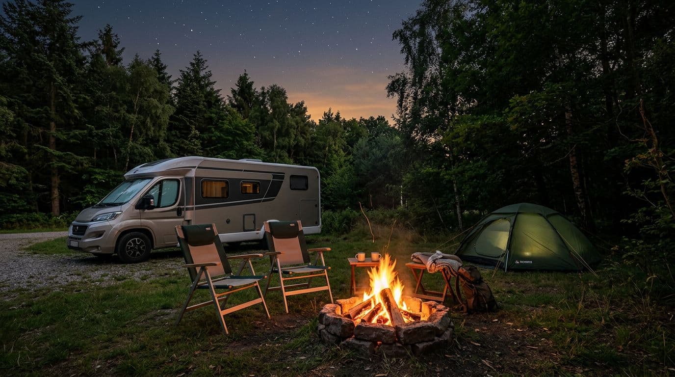 Fotorealistisk campingplads nær E20 ved Slagelse med autocamper og telt ved skovkanten, bålplads med to stole og roligt aftenlys med stjerner.