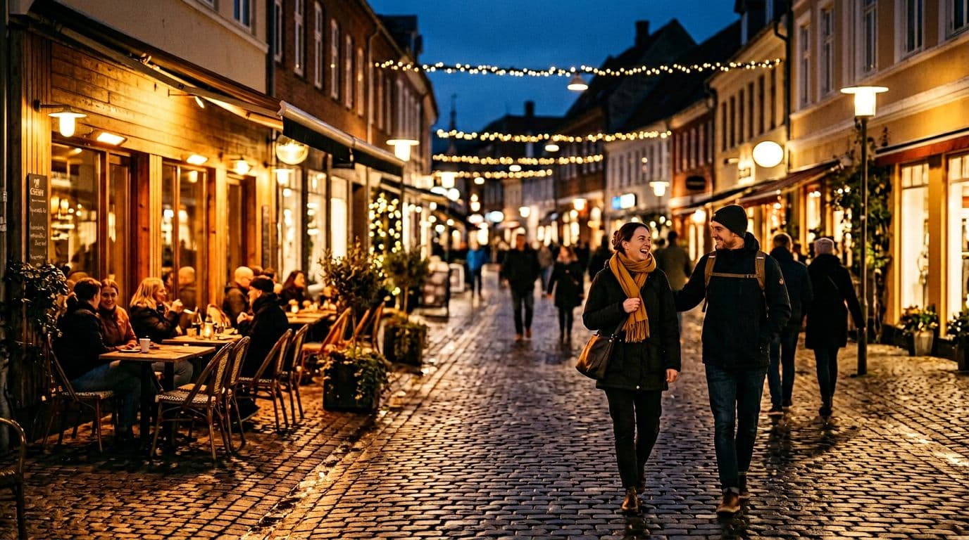 Aftenstemning i Slagelse bymidte med cafélys og gågade