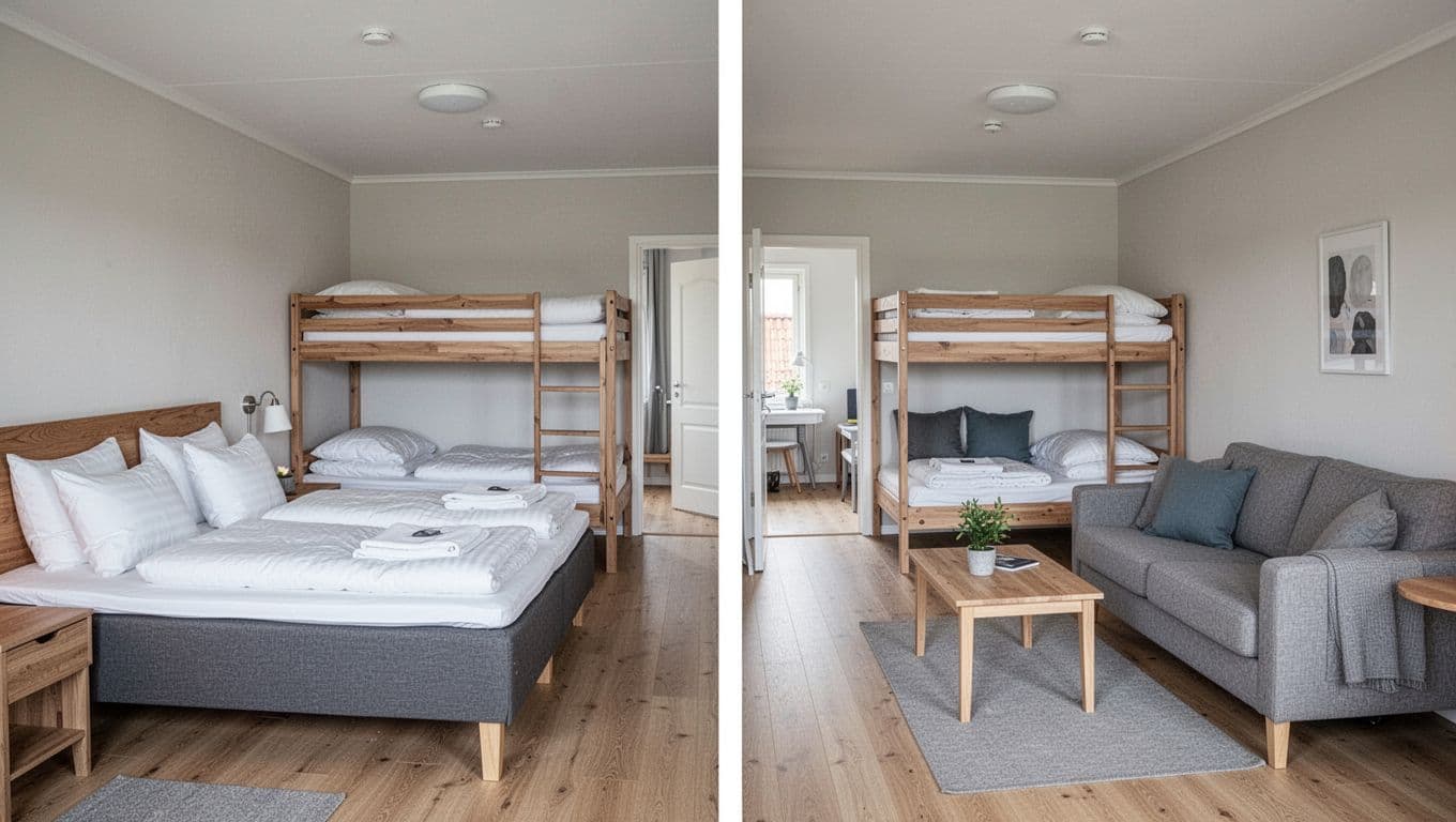 Lyse soveværelser til familieovernatning nær Slagelse med dobbeltseng, køjeseng og ekstra opredning i nordisk stil.