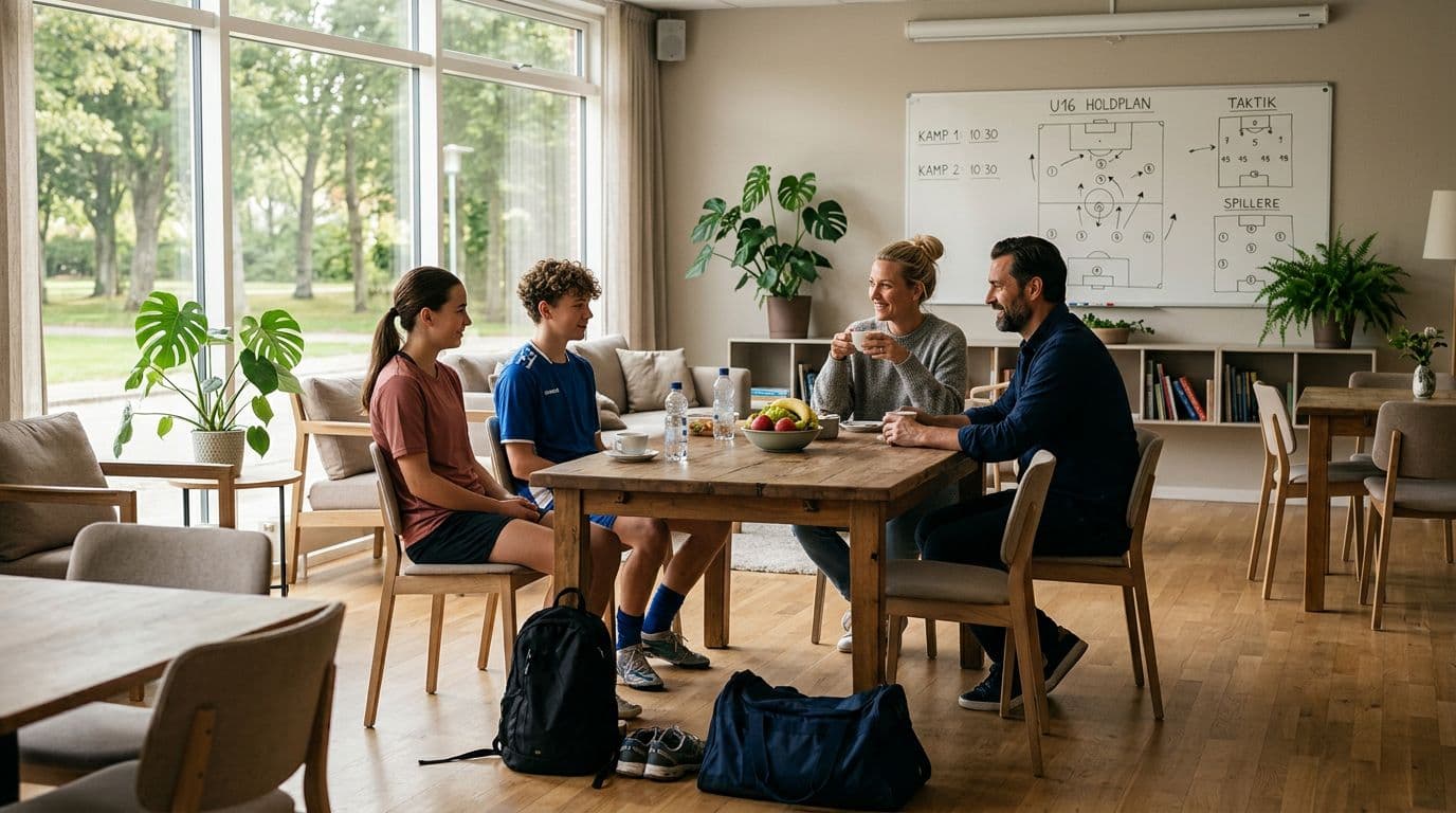 Photorealistic cozy Danish scene in a family-friendly hotel lounge in Slagelse: youth sports team in sportswear and parents with bags at a wooden table with coffee, water, fruit; morning sun through windows, tactics board in background, simple Nordic decor, calm atmosphere.