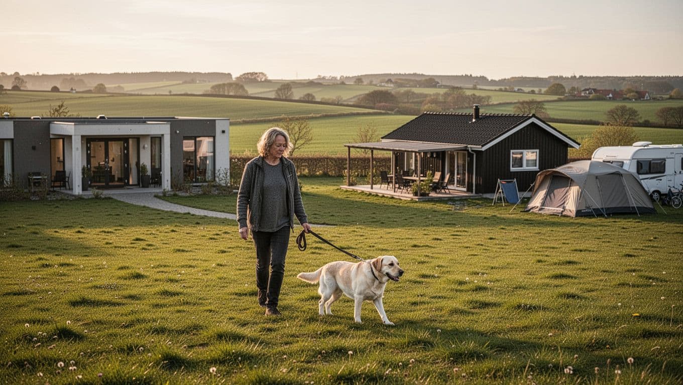 Photorealistic scene of an adult walking a labrador mix dog on a leash in green fields near Slagelse, Denmark, with a modern hotel, cozy vacation home, and camping site discreetly visible in the golden afternoon light.