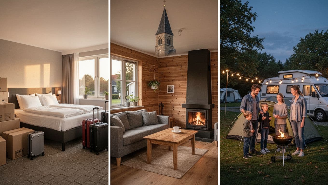 Familie midt i flytning i Slagelse med montage af hotelværelse, feriehus og camping som overnatningsmuligheder.